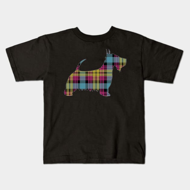 Pink, Blue and Yellow Tartan Scottish Terrier Dog Silhouette Kids T-Shirt by MacPean